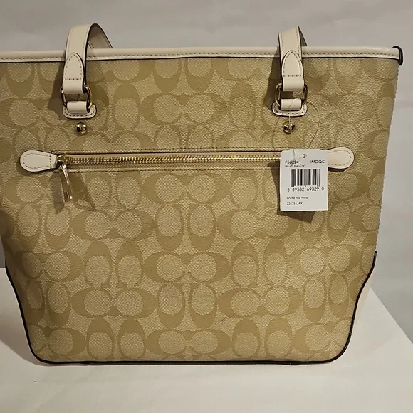COACH F58294 Zip Top Tote In Signature Canvas Logo Khaki Chalk - Picture 2 of 12